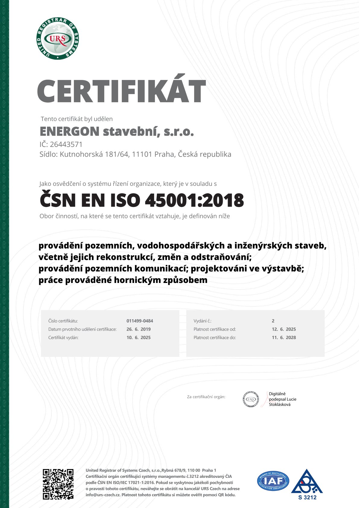 ENERGON stavební, s.r.o. cert ISO 45001 CZ