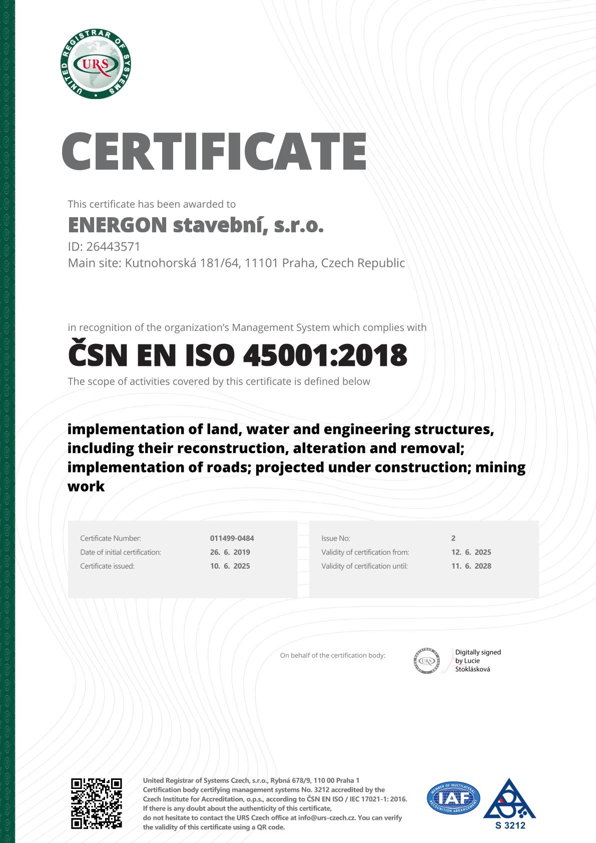 ENERGON stavební, s.r.o. cert ISO 45001 ENG-1