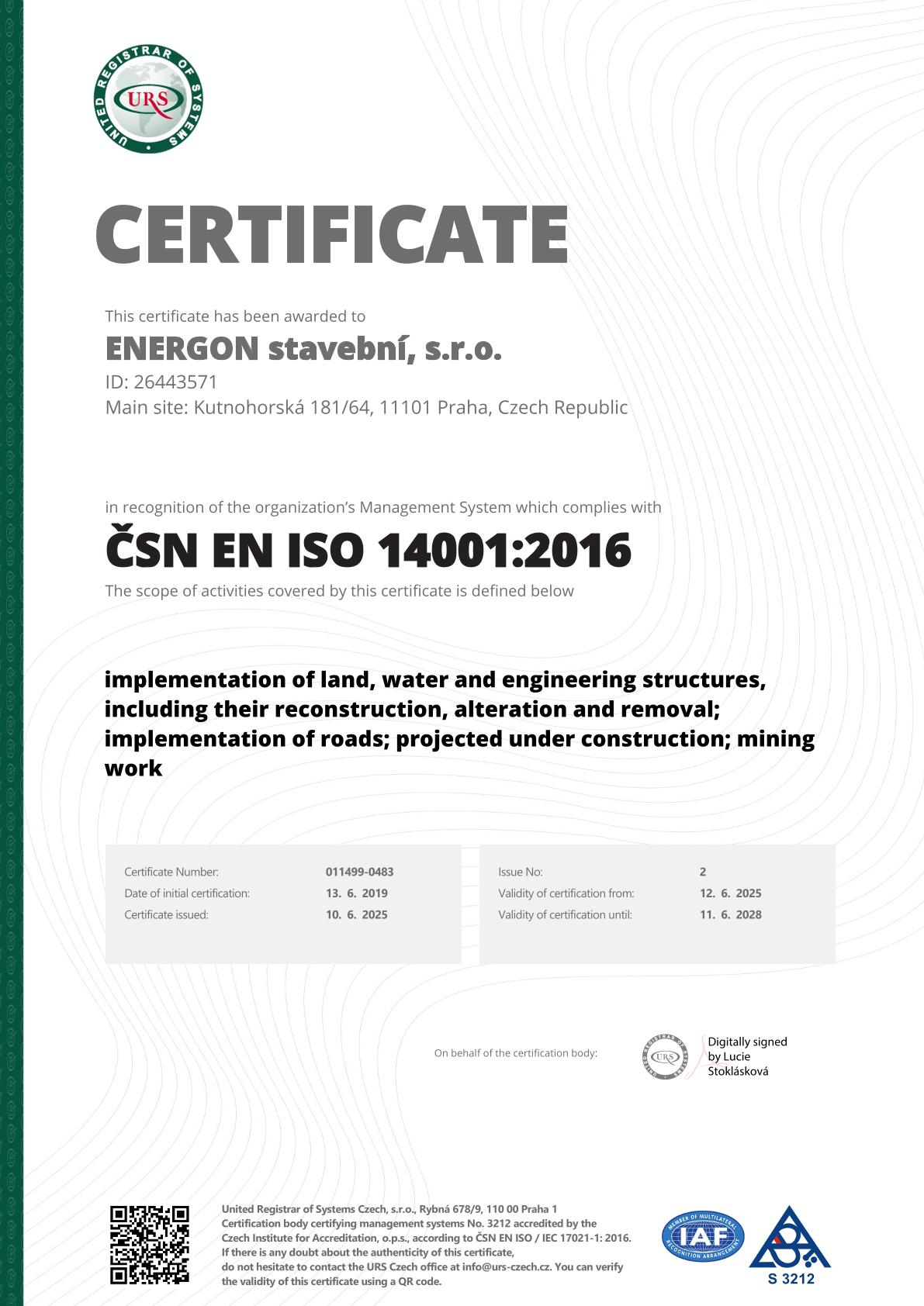 ENERGON stavební, s.r.o. cert ISO 14001 ENG-1