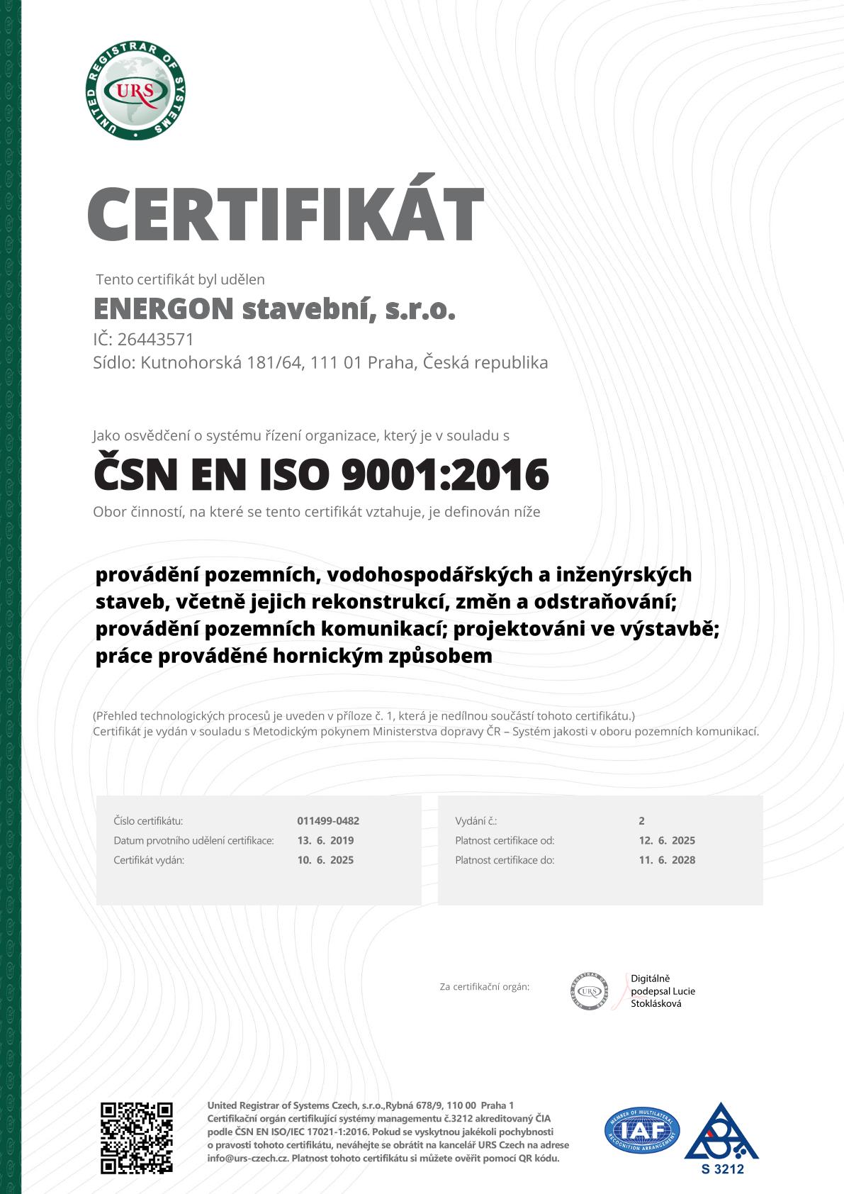 ENERGON stavební, s.r.o. cert ISO 9001 vč. přílohy CZ-1